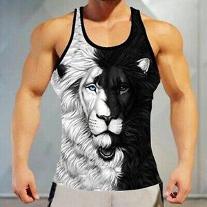 Men's Muscle Tee Lion Print Athletic Fitness Tank Top Round Neck - Sleeveless